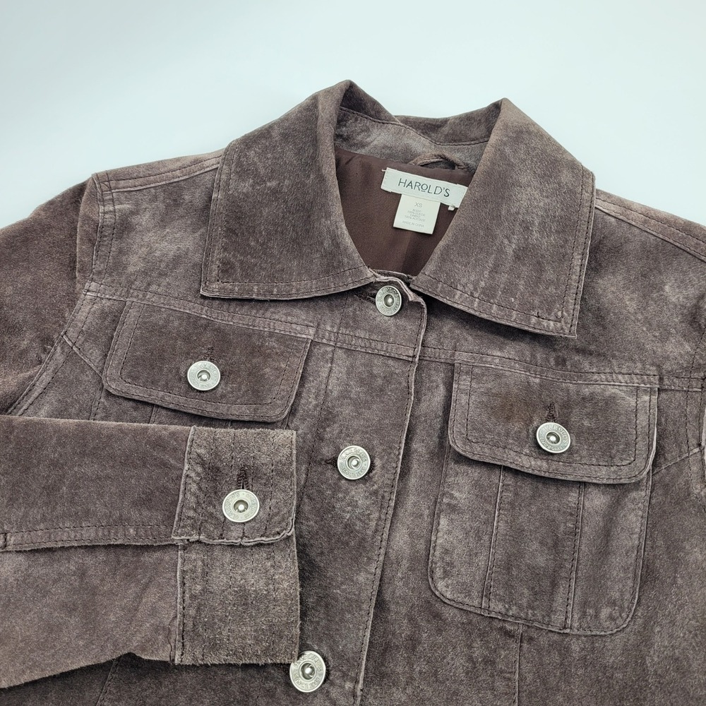 Harolds Womens XS Brown 100% Suede Leather Trucker Jacket Button Front Lined